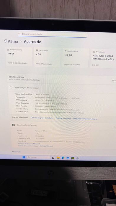 PC Gaming HP Ryzen 5 5600G 16GB 1050ti 4GB