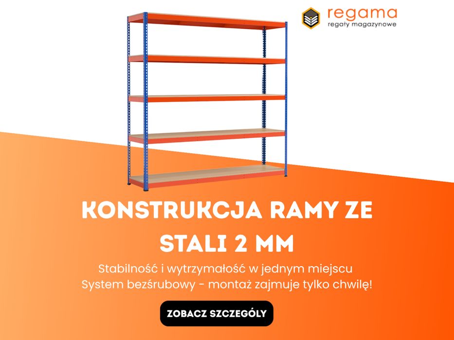 Wytrzymały regał metalowy magazynowy. Profile 2 mm. Szybki montaż. Łatwa rozbudowa
