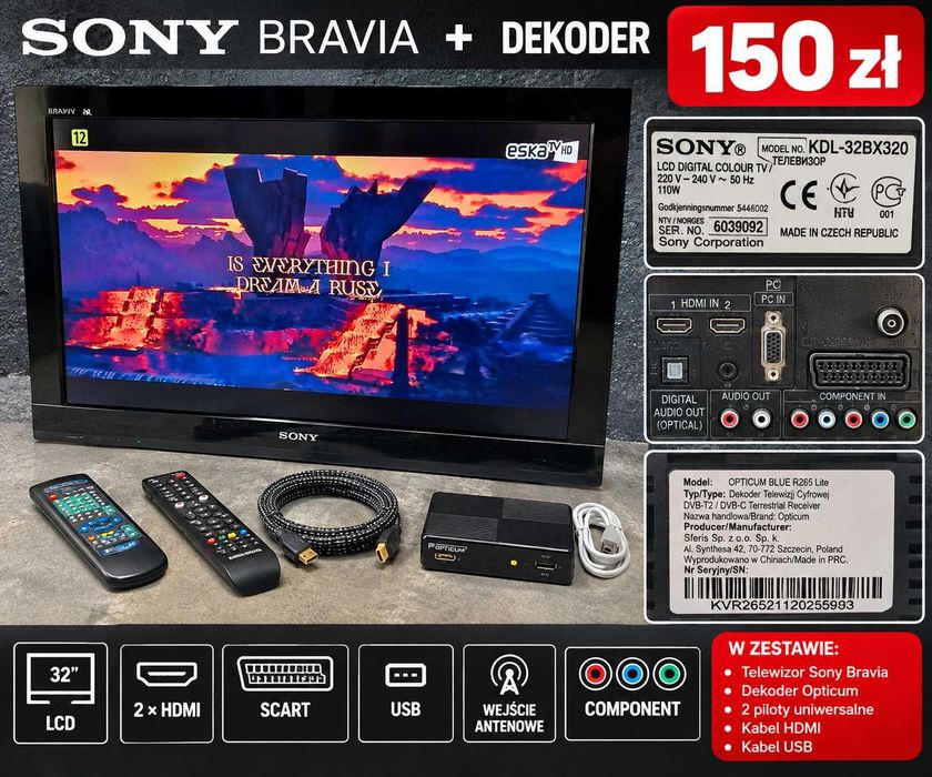 Telewizor Sony Bravia 32" + dekoder Opticum – zestaw