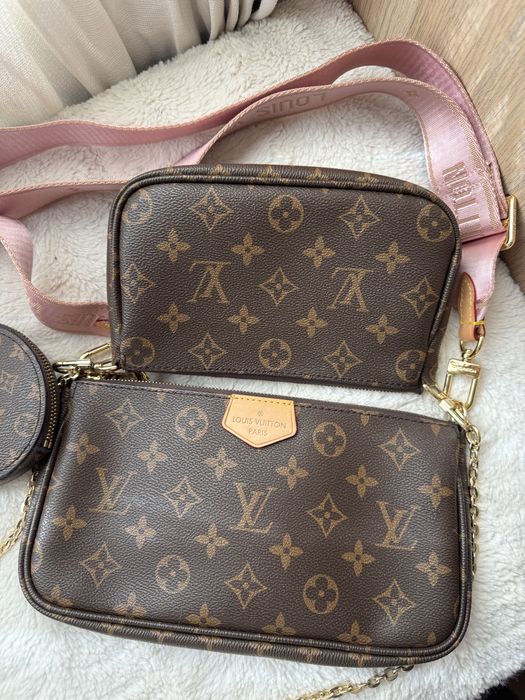 Mala multipochette monogram castanho e rosa