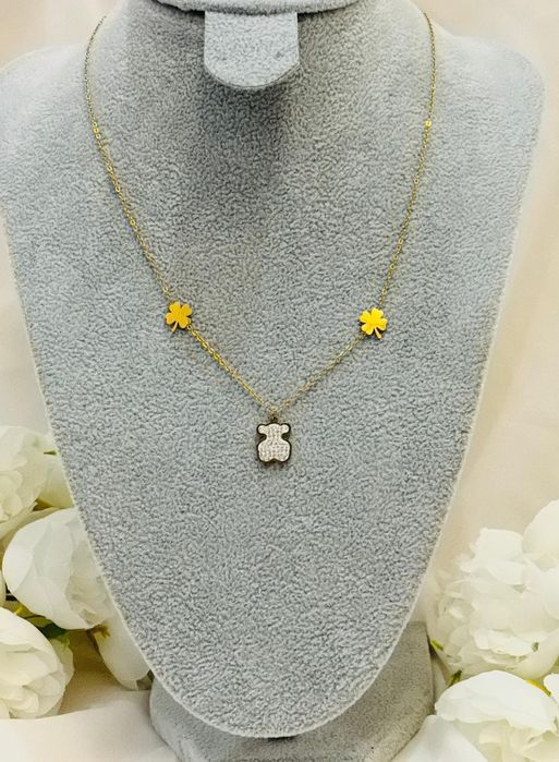 Złoty naszyjnik miś cyrkonie stal chirurgiczna nierdzewna