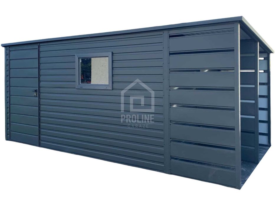 Schowek Domek ogrodowy 3,8x2,5m + wiata 1,2m drzwi okno- spad PLG150