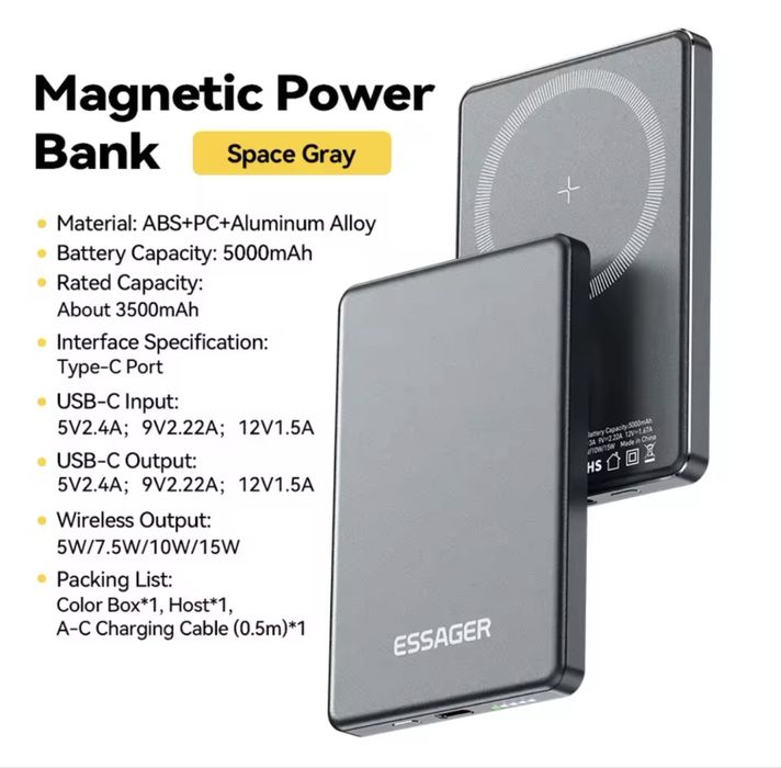 Essager Thin Wireless Power Bank MagSafe 20W 5000mAh, Колір Natural Titanium