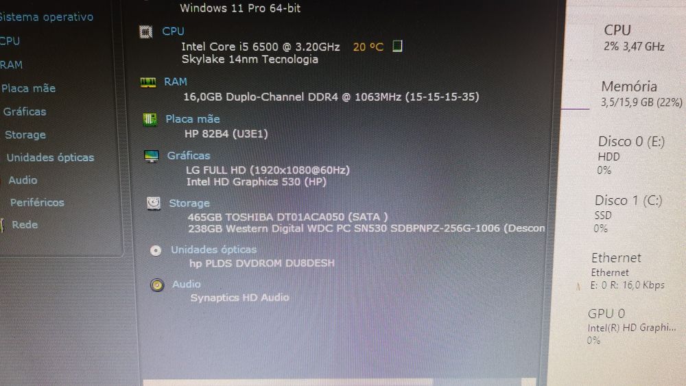 Pç HP 600G3|i5.6500-3.2G|16G-DDr4|NVMe256G+HDD500G|VGA/DP|Wifi+BT|W11