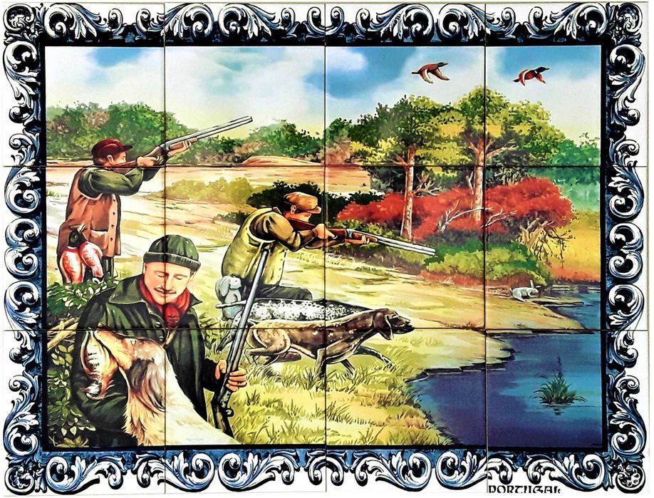 Quadro CAÇADORES Caçada à Perdiz Cão Painel de Azulejos Montado 60x45c