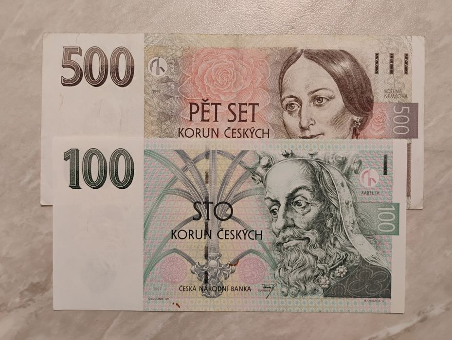 Banknoty Czechy - 500 i 100 koron z 1997 r.