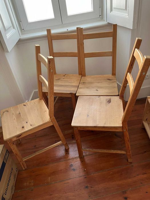 Six solid pine chairs, available for individual purchase at €10 each.