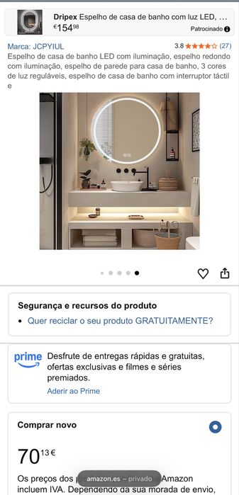 Espelho de WC com luz