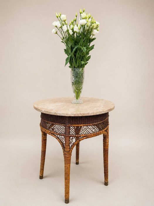 Stolik rattanowy z marmurowym blatem, stolik pomocniczy 60x72 cm #495 Stylowy Węgrów