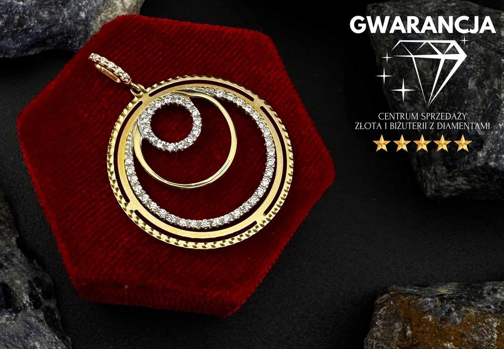 Złota zawieszka wisiorek "koła z cyrkoniami" JAK NOWA próba 585 2.80g