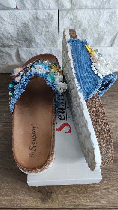 Klapki damskie kwiaty jeans 39