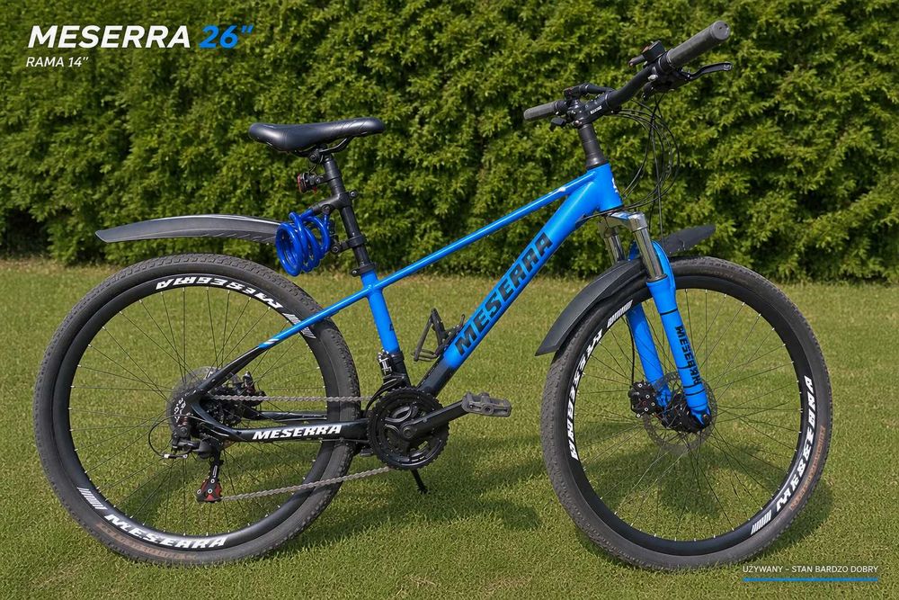 Rower MESERRA 26” Shimano 21 biegów, tarczówki, amortyzator, LED