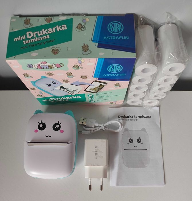 Mini Drukarka Termiczna ASTRA Animals 715-024-901 Kartonik/10 rolek/USB-C/Ładowarka+GRATIS!