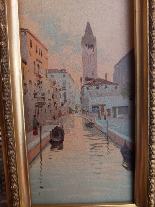 Pintura antiga Veneza sobre cartão com moldura