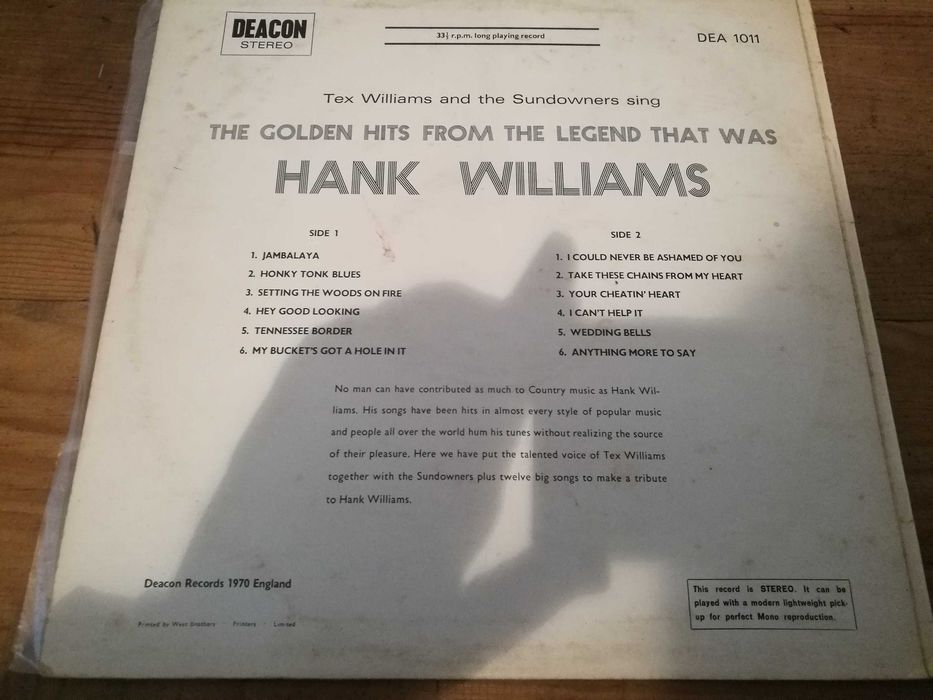 TEX WILLIAMS AND THE SUNDOWNERS -The Golden... Legend Hank Williams LP