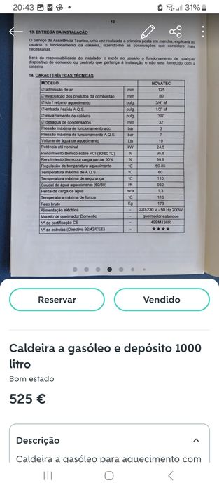 Caldeira a gasóleo e depósito de 1000 litros.