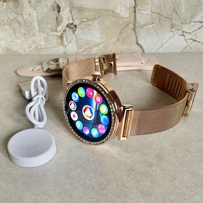 Smartwatch nowy design okrągly diamond  złoty rozmowy kobieta Bluetooth Call sport ciśnienie