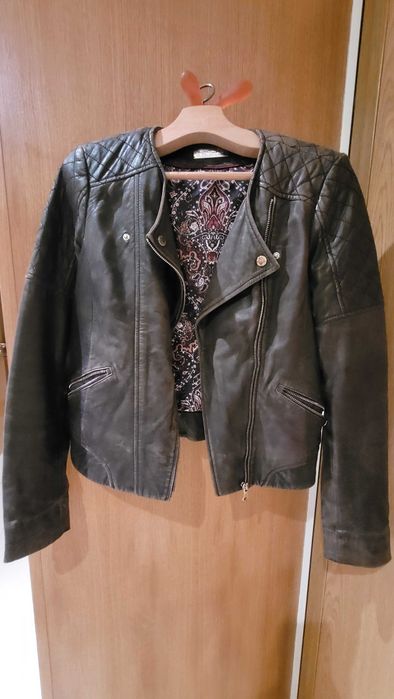 Blusão tipo Biker, pele, castanho, tam. S