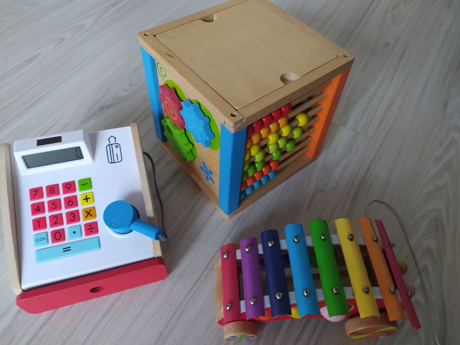 Drewniane zabawki cymbałki, kostka, kasa Ikea