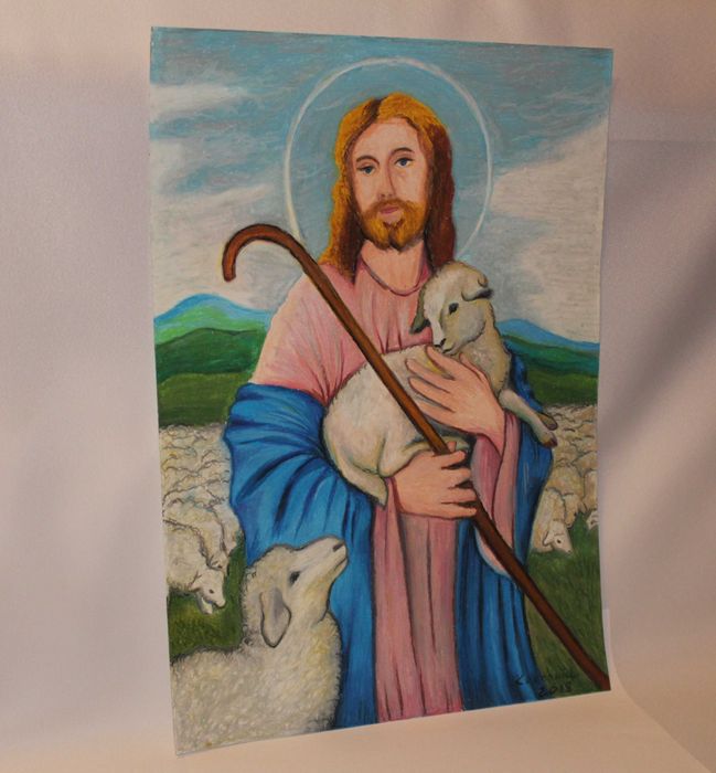 Obraz pastele olejne - Pan Jezus dobry pasterz z owieczkami