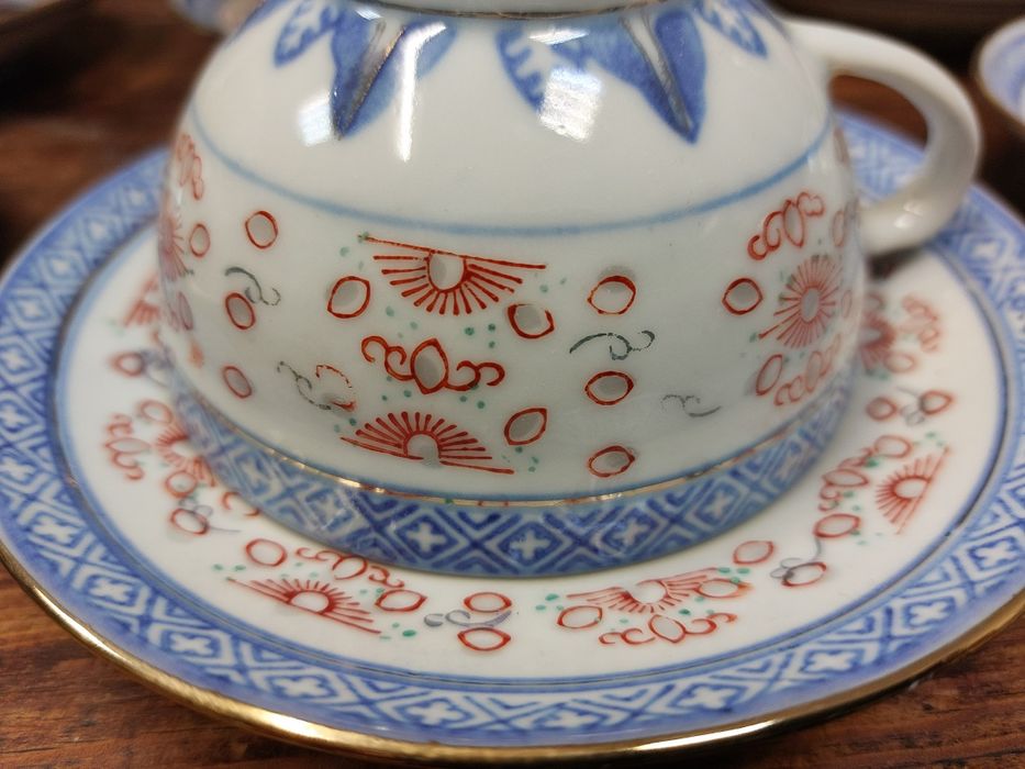 Conjunto de 6 chávenas e pires, bago de arroz em porcelana chinesa