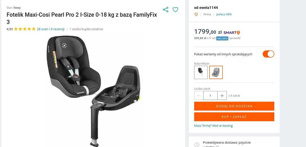 Maxi-Cosi Fotelik Pearl Pro 2 na ISOFIX 0-18kg ADAC + baza