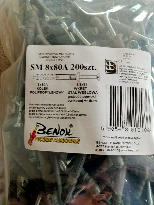 Wkręty i kołki 8x80A, 200 sztuk, nowa paczka + pół drugiej, Benox