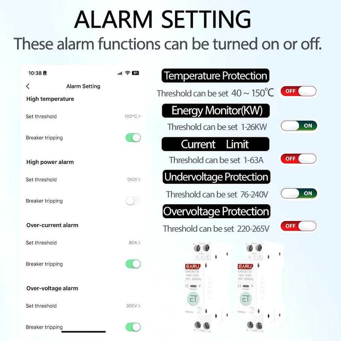 WiFi автомат смарт вимикач EARU EAKCB-T-M, смарт реле EARU EAMPDW-TY-63 з дифавтоматом