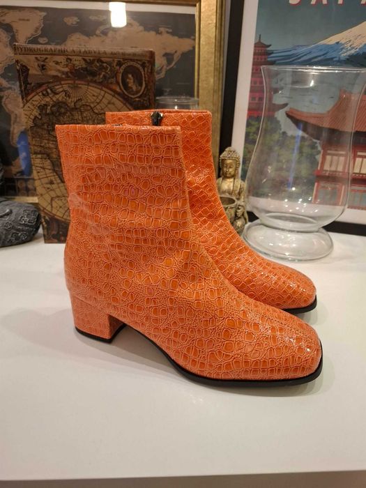 38 pomarańczowe botki na obcasie sztuczna skóra krokodyla buty croco sztyblety obcasy na małym obcasie na słupku jesienne na jesień zimowe na zime