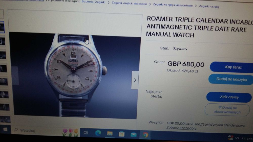 Zegarek Złoty-au 20 ROAMER Calendar DEY-DATE antyk.