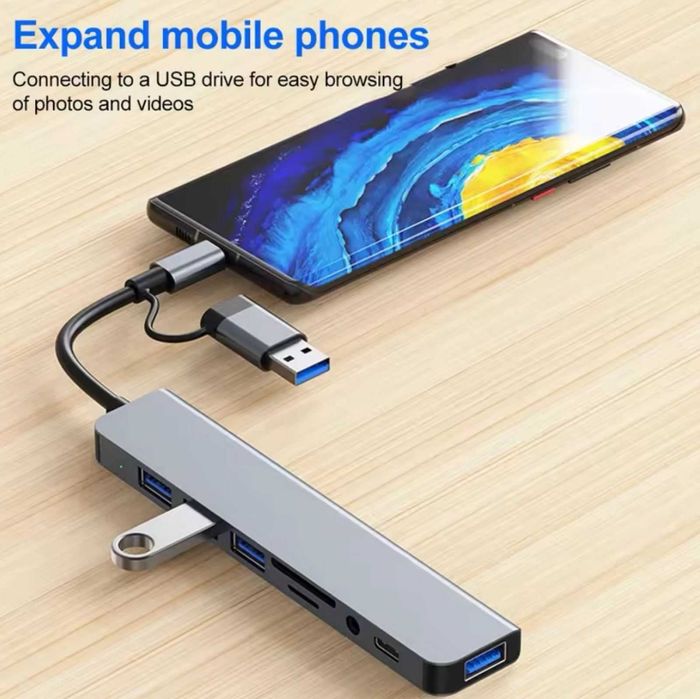 Продам хаб, док-станцию 8 в 2 (USB + type-c), Hub