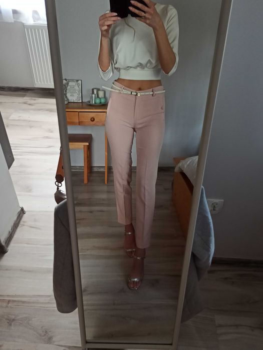Spodnie pudrowy róż eleganckie na kant proste kobiece XS S m