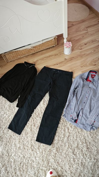 Zestaw ubrań męskich koszula w kratkę sweter spodnie chinosy Xl