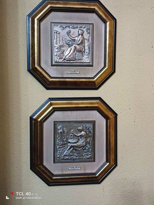 4 quadros estações do ano, quadrado figuras em prata