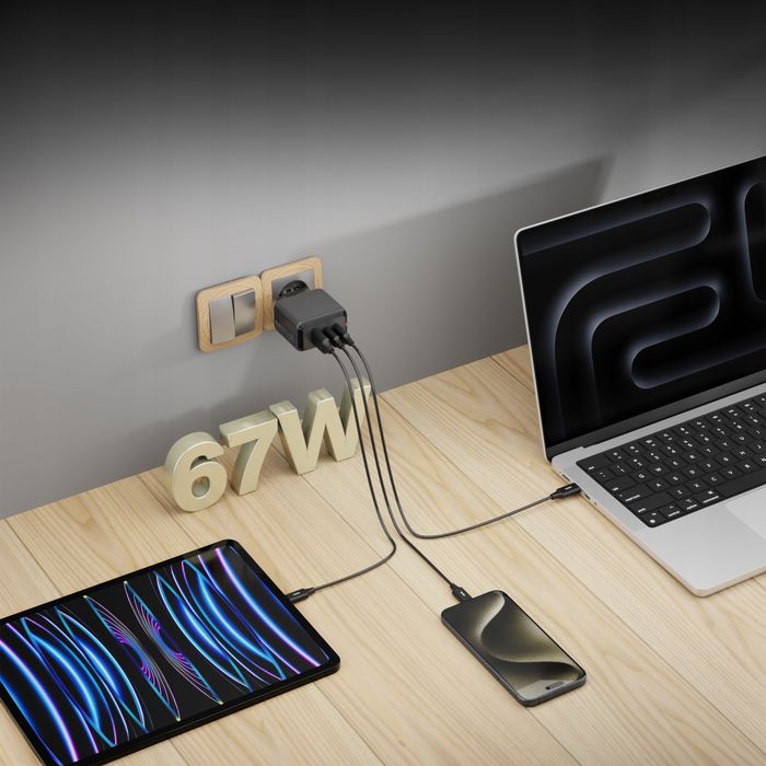 Ładowarka USB C DEKO 67W 3xUSB do telefonu, laptopa, tabletu