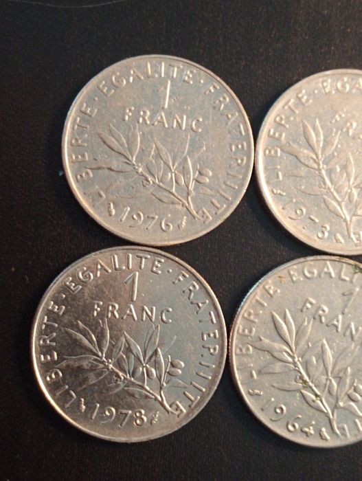 6 moedas antigas  1 FR França 1964, 1968, 1973, 1976; 1977, 1978