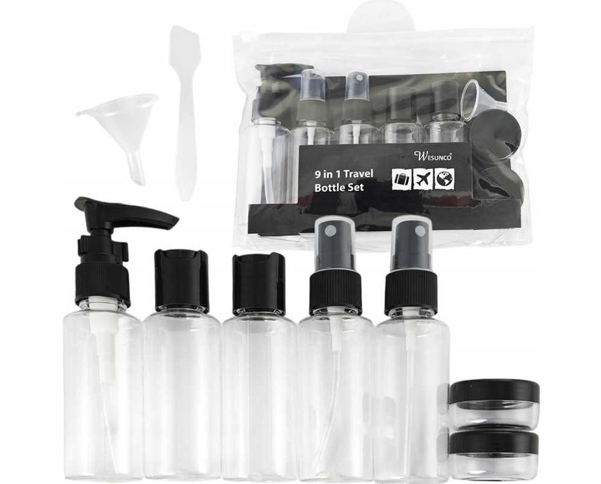 Zestaw pojemników podróżnych na kosmetyki do samolotu - 9 elementów