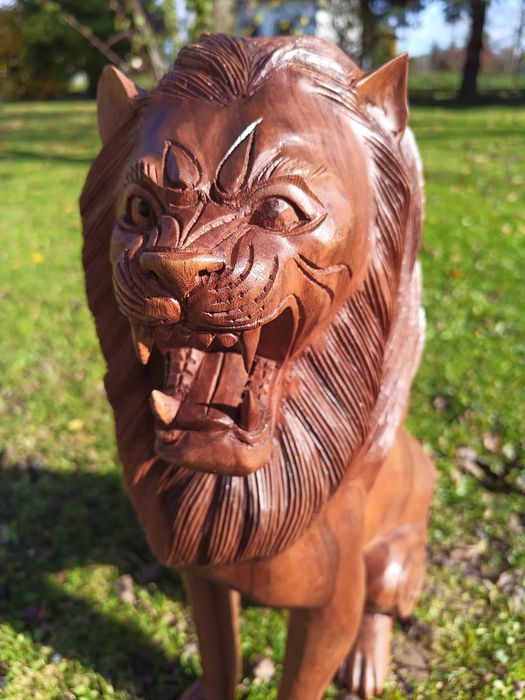 Rzeźba Figurka Duży Siedzący LEW Drewno Suar Rękodzieło XL