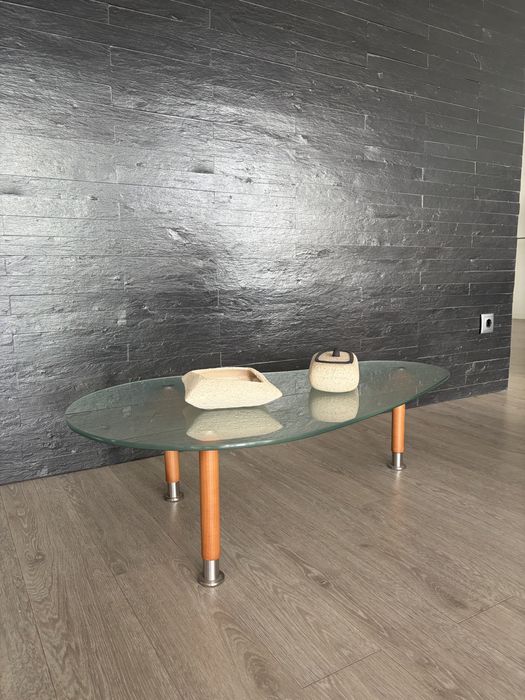 Mesa de Centro em Vidro Temperado e Madeira