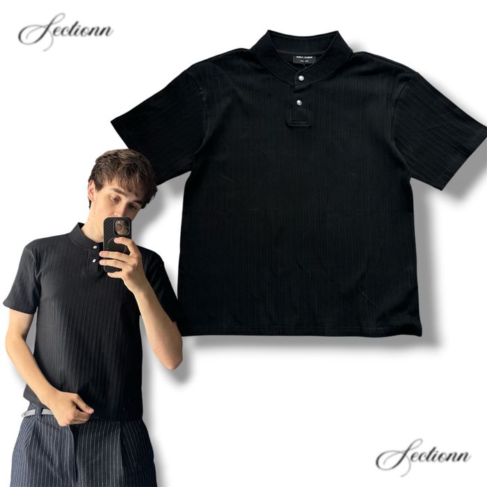Henley polo black rib t shirt old money archive no faith studios футболка ralph поло на гудзиках хенлі вафляний чорна класична