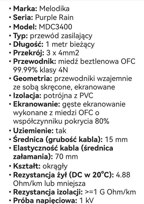 Kabel zasilający Melodika 3x4 mm dł 2.0m. Wtyki kątowe - proste