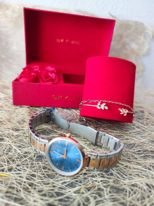 Conjunto Relógio de Senhora Prateado e Dourado mais duas pulseiras da Skyline