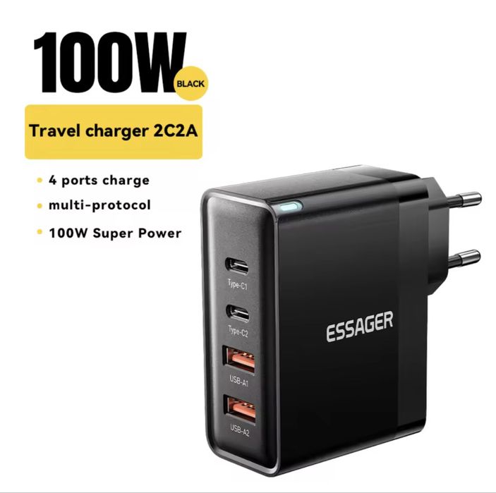 Зарядний блок 100W 4 порти Type-C USB-A швидка зарядка