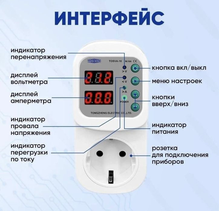 Реле напруги в розетку, реле напряжения TOMZN 16A від перепаду напруги