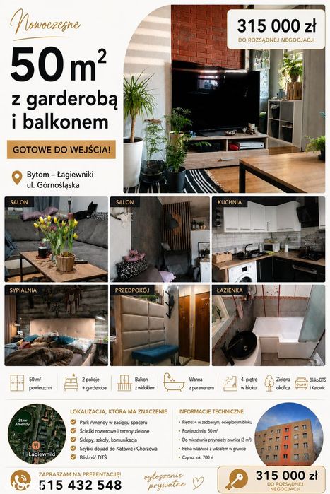Mieszkanie 2-pokojowe 50m2 Bytom Łagiewniki - gotowe do zamieszkania