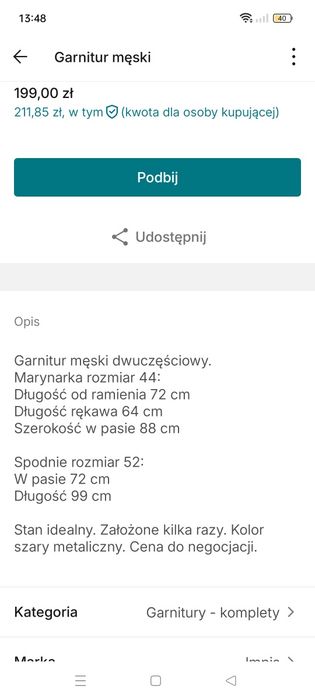 Garnitur spodnie marynarka
