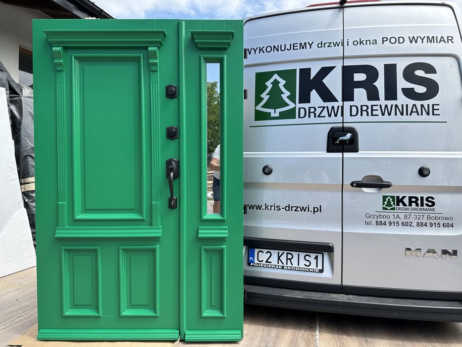 Drzwi zewnętrzne drewniane dwuskrzydłowe SCHLAGE zielone cała Polska