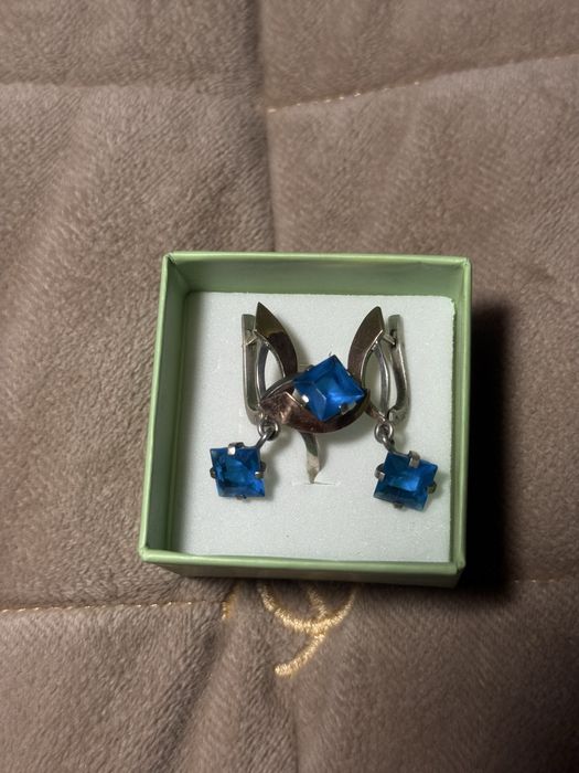 Комплект срібний з золотими пластінами з топазом