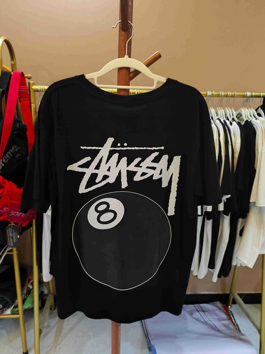 Stussy，Męska czarna koszulka z nadrukiem letnim, rozmiar M