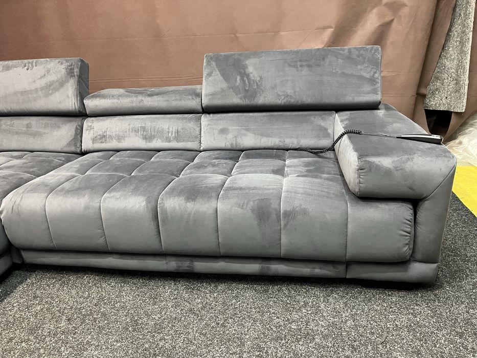 Кутовий мякий диван Німечинна велюр темно синій розкладний з пуфом